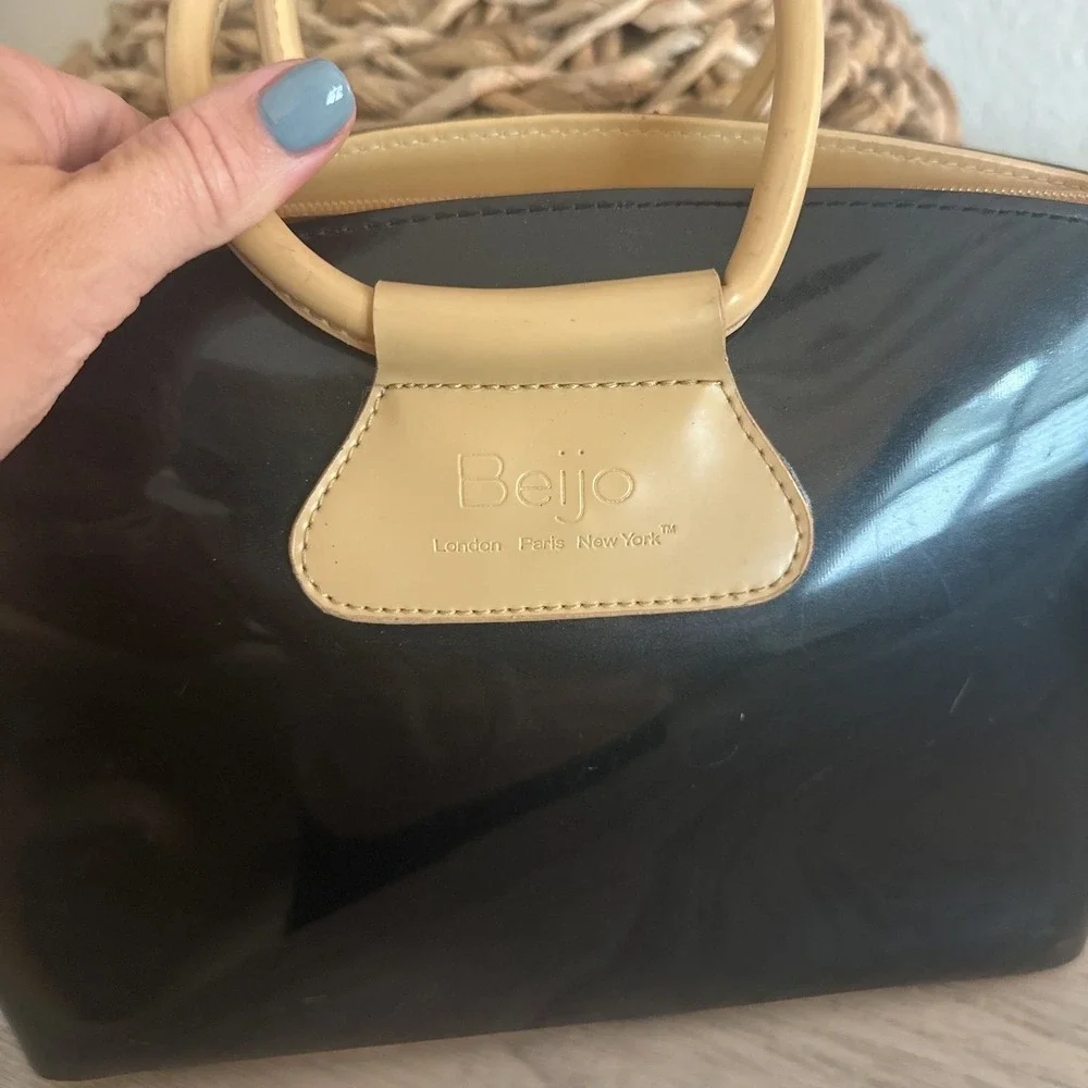 VTG Beijo London Paris New York Black Patent Leather Tan Trim Satchel Handbag